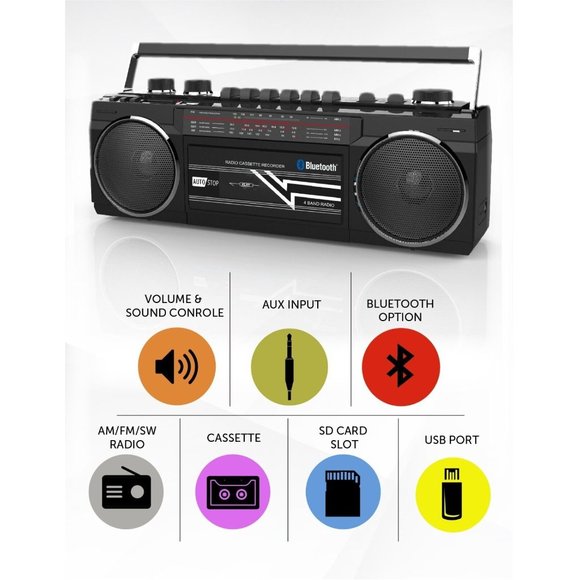 Riptunes Retro AM/FM/SW Radio + Cassette Boombox with Bluetooth and USB/SD card - Picture 1 of 9